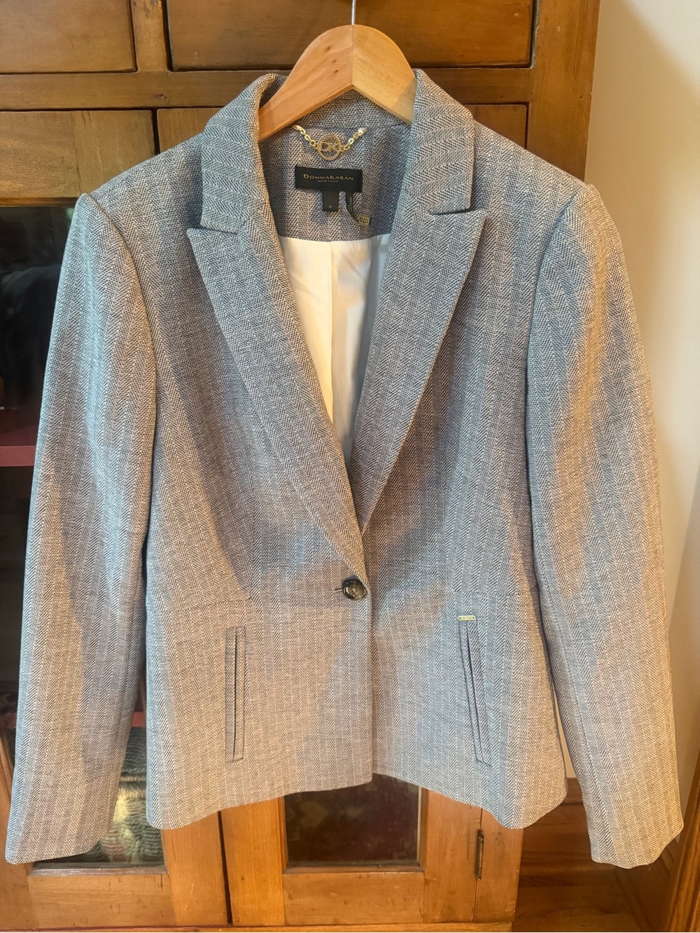 Donna Karan Light Gray Herringbone Tailored Blazer